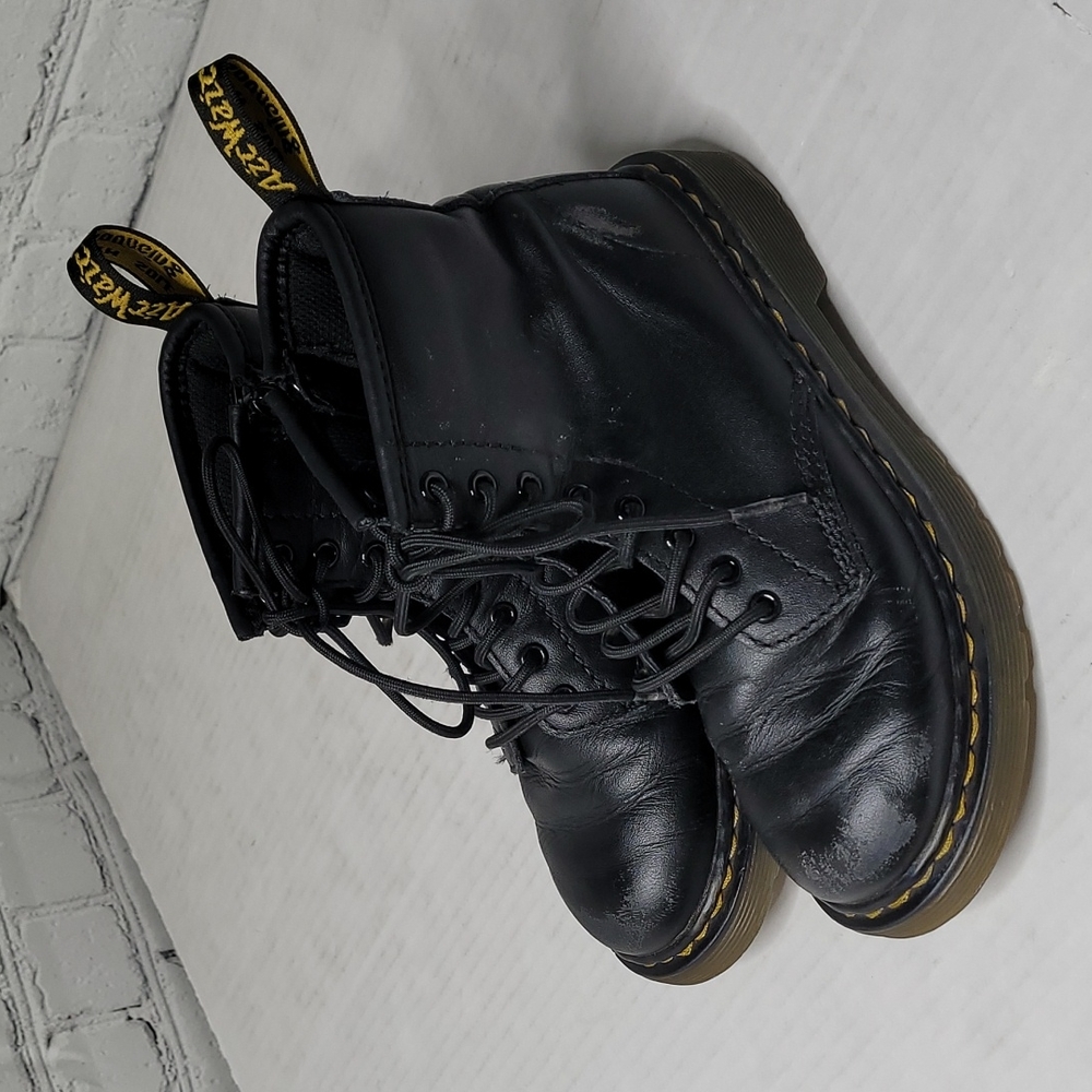 Dr. Martens Kids Black Leather Lace-Up Boots with Yellow Stitching